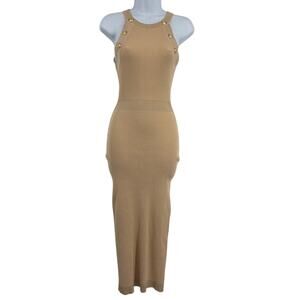 Steps New York Ribbed Bodycon Dress Sz M Sparkle Buttons Tan Quiet Luxury MIdi